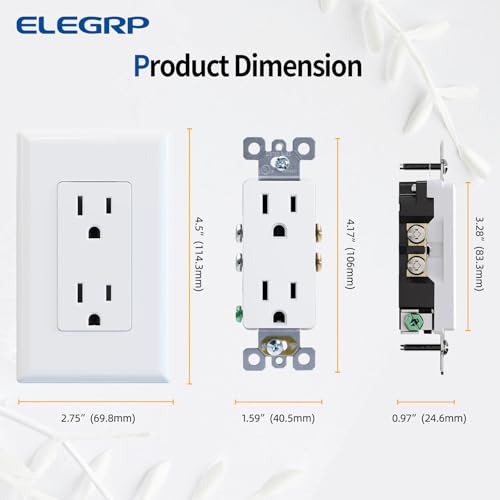 ELEGRP Decorator Receptacle, 15A 125V Standard Electrical Wall Outlet, Non-TR, 2 Pole 3 Wire, Self-Grounding Residential Grade, Screwless Wall Plate Included, UL Listed (10 Pack, Glossy White)