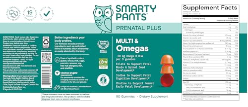 SmartyPants Prenatal Multivitamin Gummies - Improved Formula: Omega 3 (DHA/EPA), Methylfolate, Biotin, Vitamin D3, C, Vitamin B12, B6, Vitamin A, K & Zinc, Gluten Free, 90 Count (30 Day Supply)