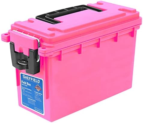 Sheffield 12631 Ammo Storage Box, Stackable .30 Cal Field Boxes, Water and Dust Resistant, Lockable Storage Box with Handle, Secures Hunting Gear, Supplies, and Bullets, Made in USA, Pink, 1-Pack