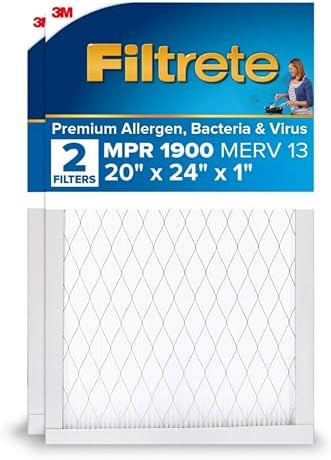 Filtrete 20x24x1 AC Furnace Air Filter, MERV 13, MPR 1900, Premium Allergen, Bacteria & Virus Filter, 3-Month Pleated 1-Inch Electrostatic Air Cleaning Filter, 2-Pack (Actual Size 19.81x23.81x0.78 in)