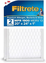 Filtrete 20x24x1 AC Furnace Air Filter, MERV 13, MPR 1900, Premium Allergen, Bacteria & Virus Filter, 3-Month Pleated 1-Inch Electrostatic Air Cleaning Filter, 2-Pack (Actual Size 19.81x23.81x0.78 in)
