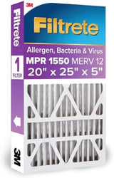 Filtrete 20x25x5 AC Furnace Air Filter, MPR 1550, MERV 12, Fits Trion AirBear, CERTIFIED Asthma & Allergy Friendly, Electrostatic Air Cleaning Filter, 1-Pack (actual size 19.56 x 24.13 x 4.75)
