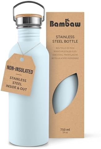Bambaw Metal Water Bottle 750 ml, Light Blue Sports Bottle, Non-Insulated Water Bottle, Stainless Steel Bottle 750 ml, Stainless Steel Bottle – Nordic Blue