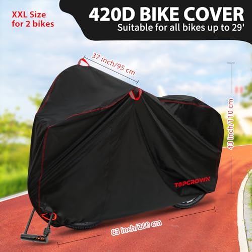 Bike Cover Waterproof Outdoor Storage for 2 Bikes, Bicycle Cover Rain Sun UV Dust Wind Proof with Storage Bag for Mountain Road Bike/Ebike (420D Black+Red, XXL Size for 2 bikes)