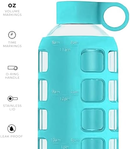 purifyou 40/32/22/12 oz Borosilicate Glass Water Bottles with Volume Markers, Silicone Sleeve, Stainless Steel Lid, Reusable Bottle for Water, Juice, Gym, and Fridge Storage (22oz Aqua Blue)