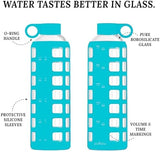 purifyou 40/32/22/12 oz Borosilicate Glass Water Bottles with Volume Markers, Silicone Sleeve, Stainless Steel Lid, Reusable Bottle for Water, Juice, Gym, and Fridge Storage (32oz Aqua Blue)