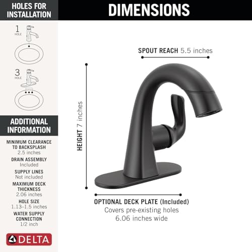 Delta Arvo 1 Hole Matte Black Bathroom Faucet with Sprayer, Single Hole Bathroom Sink Faucet with Pull Out Sprayer for Vanity, Push-Pop Drain, Matte Black 15840LF-BLPD