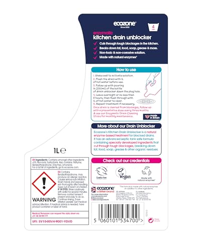 Ecozone Kitchen Drain Unblocker, Non-Toxic & Bleach-Free, Non Corrosive Cleaner, Enzyme Solution Breaks Down Soap Grease & Organic Blockages in Plug Holes, Septic Tank Safe & Vegan Friendly (1L)