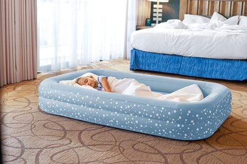 Intex 66810FL Inflatable Kidz Travel Bed Set, Includes Hand Pump and Carry Bag, Removable Mattress, Quick Inflation, Indoor Use, 42in x 66in x 10in, Blue with Star Print Frame