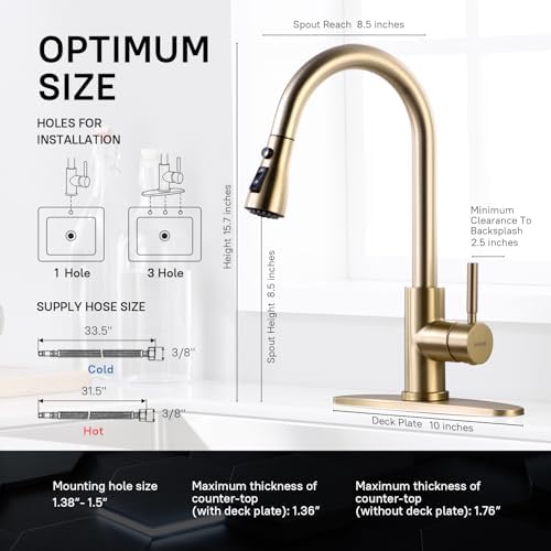 WEWE Brushed Gold Kitchen Faucet with Pull Down Sprayer, Single Handle Gold Kitchen Sink Faucet Stainless Steel Brass Copper Commercial RV 1 or 3 Hole, Champagne Bronze