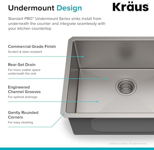 KRAUS Standard PRO 23-Inch 16 Gauge Undermount Single Bowl Stainless Steel Kitchen Sink, KHU101-23