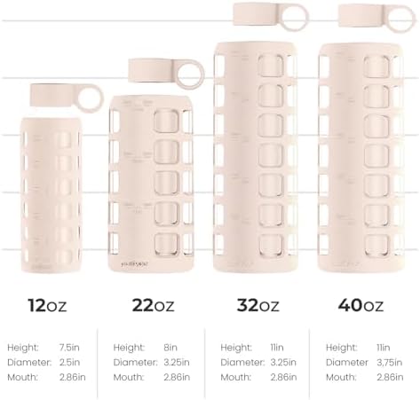 purifyou 40/32/22/12 oz Borosilicate Glass Water Bottles with Volume Markers, Silicone Sleeve, Stainless Steel Lid, Reusable Bottle for Water, Juice, Gym, and Fridge Storage (32oz Hazelnut)