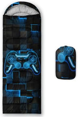 Axolotl Gamepad Sleeping Bag,3 Season Warm and Cool Weather Game Console Sleeping Bag for Boys Teens,Waterproof Lightweight Geometry Hexagonal Sleeping Bag for Traveling,Outdoors Camping,Blue,Black
