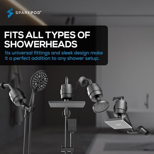 SparkPod 23 Stage Shower Head Filter for Dry Hair and Skin - High Output Universal Shower Filters to Remove Toxic Chemicals, Chlorine & Heavy Metals (Midnight Black Matte)