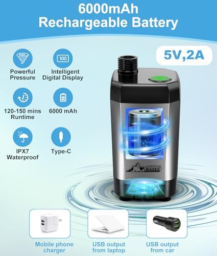 WADEO Portable Shower for Camping, 6000mAh Outdoor Electric Shower Rechargeable Pump with Intelligent Digital Display, Camping Shower Head Nozzle for Camping, Hiking, Traveling, Washing