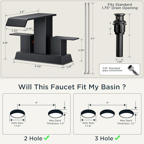FORIOUS Square Waterfall Matte Black Bathroom Faucets 3 or 2 Hole for 4 Inch Centerset Sink with Metal Pop Up Drain and Hose, Double Handle Operation, Suitable for Vanity RV Restroom Remodel