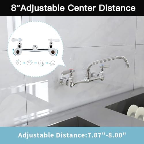 Kitchen Faucet Wall Mount Commercial Sink Faucet Kitchen Utility Laundry 8“ Swivel Spout 2 Dual Handle Restaurant Chrome Mixer Tap