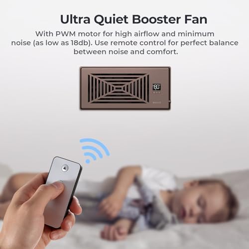 Quiet Register Booster Fan Fits 4" x 10" Register Holes, 10-Speed Smart Heating Cooling AC Vent Fan with Remote Control and Thermostat Control - Bronze