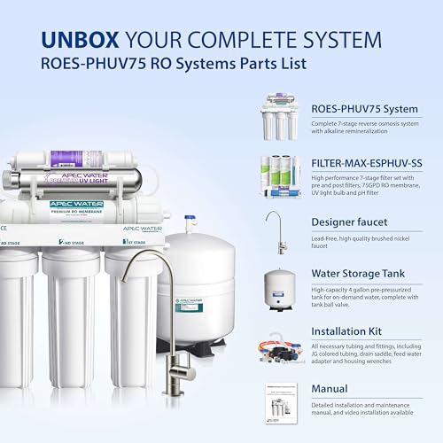 APEC Water System ROES-PHUV75 Essence Series Top Tier Alkaline Mineral pH+ and UV Ultra-Violet Sterilizer 75 GPD 7-Stage Ultra Safe Reverse Osmosis Drinking Water Filter System