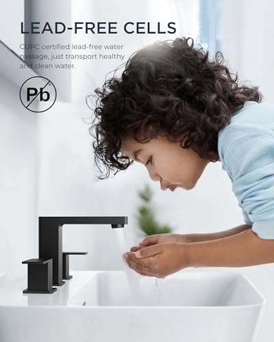 FORIOUS Black Bathroom Faucets 3 Hole, 2 Handle 8 Inch Widespread Bathroom Sink Faucet Matte Black Square for 6-12" Sink Remodel with Pop Up Drain, CUPC Hose and Spare Water Saving Aerator