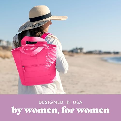 Fit & Fresh Insulated Cooler Bag, Leak Proof Waterproof Beach Cooler Backpack for Women, 18 Can Soft Insulated Cooler Tote Bag for Travel, Lunch Bag for Women, Beach Bag & Travel Bag, Hot Pink
