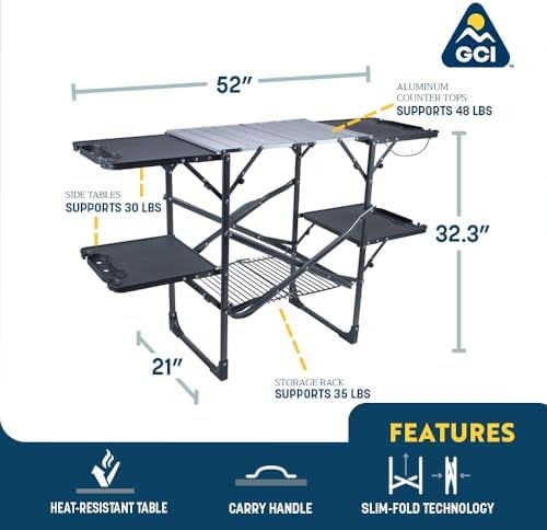 GCI OUTDOOR Slim-Fold Cook Station | Portable Folding Kitchen Table with a Heat Resistant Tabletop, 4 Side Tables & Storage Rack, Perfect for Picnics & Camping Trips