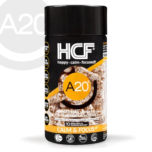 HCF A20 Microbead Brain Health Supplements for Adults for Memory, Focus, Calm, Mood, Alertness, Attention, Vision, Sleep, Immune System, 20 Premium Nootropic Nutrients Multivitamin & 7 Advances® Tech