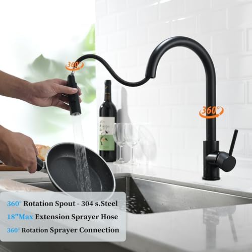 Havin Black Kitchen Faucet with Pull Down Sprayer, High Arc Stainless Steel Material, with cUPC Ceramic Cartridge,Without Deck Plate,Fit for 1 Kitchen or Laundry or Bar Sink Faucet,Matte Black