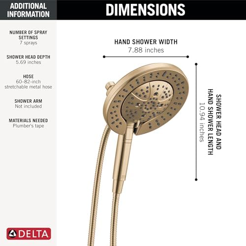 Delta Faucet 6-Setting In2ition 2-in-1 Dual Shower Head with ProClean Spray, Gold Round Shower Head with Hose, Hand Held, Champagne Bronze 75655CZ