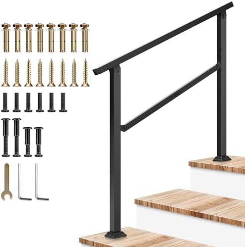 VIVOSUN Outdoor Handrail, 3 Step Stair Handrail, 40" x 36" Fits 1 to 3 Steps, Wrought Mattle Iron Handrail for Concrete Steps, Porch Steps, One-Step Assembly, Black