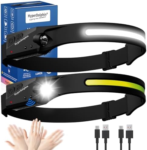Headlamp Rechargeable (2-Pack), 230° Headband Light Forehead, USB Head lamp Band, 350 Lumen Super Bright, 5 Modes