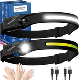 Headlamp Rechargeable (2-Pack), 230° Headband Light Forehead, USB Head lamp Band, 350 Lumen Super Bright, 5 Modes