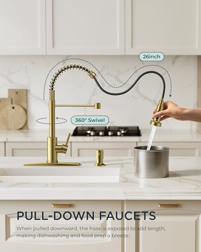 FORIOUS Gold Kitchen Faucet with Pull Down Sprayer, Stainless Steel Commercial Single Handle Classic Spring Pull Out Sink Faucet for Farmhouse Camper Laundry Utility Room