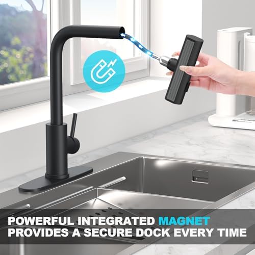 Matte Black Single Hole Kitchen Faucets with Pull Down Sprayer, Single Handle, High Flow Water, Pull Out Tap, Stainless Steel Sink Faucet, Suitable for Farmhouse Camper Laundry Rv Bar