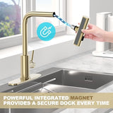 Brushed Gold Single Hole Kitchen Faucets with Pull Down Sprayer, Single Handle, High Flow Water, Pull Out Tap, Stainless Steel Sink Faucet, Suitable for Farmhouse Camper Laundry Rv Bar
