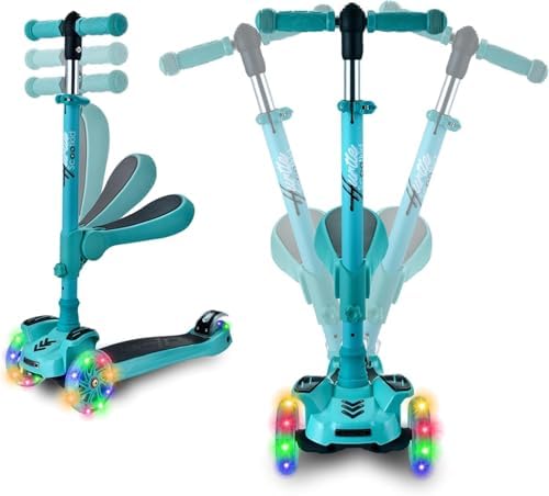 Hurtle 3-Wheeled Scooter for Kids - Wheel LED Lights, Adjustable Lean-to-Steer Handlebar, and Foldable Seat - Sit or Stand Ride with Brake for Boys and Girls Ages 1-14 Years Old