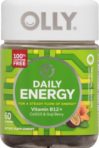 OLLY Daily Energy Gummy,Caffeine Free,Vitamin B12,CoQ10,Goji Berry,Adult Chewable Supplement,Tropical Flavor -,60 Count (Pack of 2)