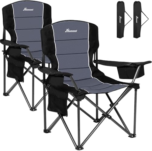 Romswi Oversized Camping Chairs,Heavy Duty Support 500 LBS,Padded Back & Arm Sport Chairs, Cup Holder Cooler Bag, Collapsible Folding Chairs for Outdoor, Fishing & Garden