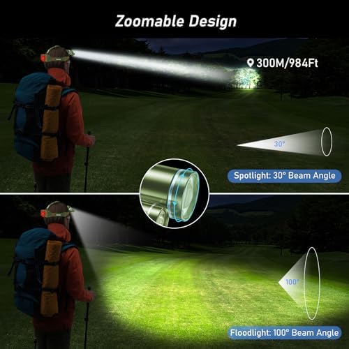 Headlamp Flashlight, Super Bright LED Rechargeable Headlight - 3 Lights 5 Modes, Zoomable, Spotlight&Floodlight Combination, IPX6 Waterproof, 20+Hrs Runtime for Running, Camping etc-Green