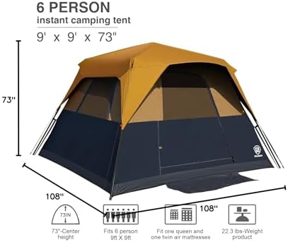 EVER ADVANCED 6 Person Blackout Camping Tent Instant Cabin Tents for Family with Rainfly, 60s Easy Setup, Water-Resistant