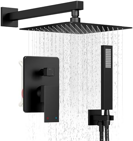 Black Shower System, Shower Faucet Set with 10-Inch Rain Showerhead and Handheld Spray, Wall Mounted High-Pressure Showerhead Combo Set Included Valve and Trim, Matte Black