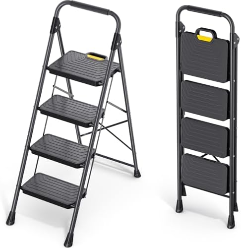 KINGRACK 4 Step Ladder, Sturdy Steel Step Stool with Anti-Slip Wide Pedals, Handrail, Safe-Lock Design, Pass 800lbs Load Testing, Folding Portable Ladder for Multi-Purpose, Home, Kitchen, Black