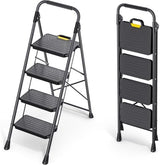 KINGRACK 4 Step Ladder, Sturdy Steel Step Stool with Anti-Slip Wide Pedals, Handrail, Safe-Lock Design, Pass 800lbs Load Testing, Folding Portable Ladder for Multi-Purpose, Home, Kitchen, Black
