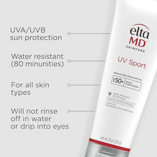 EltaMD UV Sport Sunscreen Lotion, SPF 50 Body Sunscreen, Water and Sweat Resistant, Oil-Free, Zinc Oxide Formula, 8 oz Tube