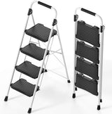 KINGRACK 4 Step Folding Ladder, 900 lbs Load Capacity, Non-Skid Large Pedals, Handrail, Safety Lock, Sturdy Step Stool for Home, Office, Garden, Multi-Purpose, White