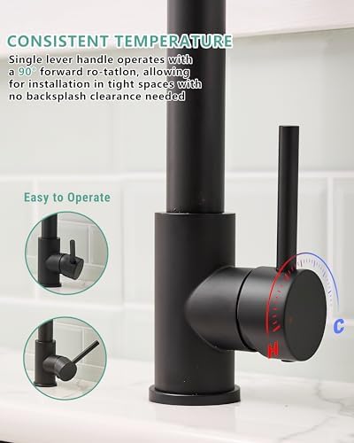 Fapully Black Kitchen Faucet with Pull Down Sprayer,Commercial LED Kitchen Faucet,Single Handle Single Hole Kitchen Sink Faucets