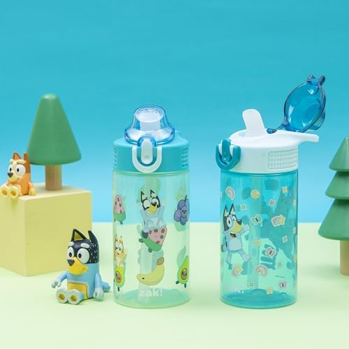 Zak Designs Bluey Sage Kids Water Bottle For School or Travel, 16oz Durable Plastic Water Bottle With Straw, Handle, and Leak-Proof, Pop-Up Spout Cover, 2-Pack Set (Bluey & Bingo)