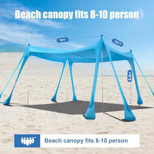 Beach Tent Sun Shelter, Beach Shade Canopy UPF50+, 10x10ft Canopy Tent with 8 Sandbags, Sand Shovels, Ground Pegs & Stability Poles, Pop Up Shade Tent for Beach, Camping, Fishing