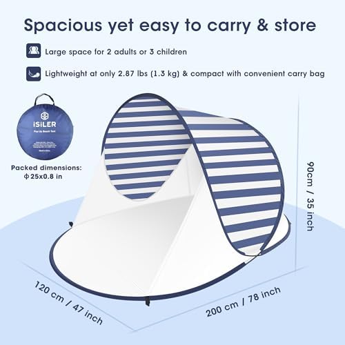ISILER Pop Up Beach Tent, Portable Outdoor Shade, UPF 50+ Baby Shelter, Easy Setup Windproof Waterproof Canopy