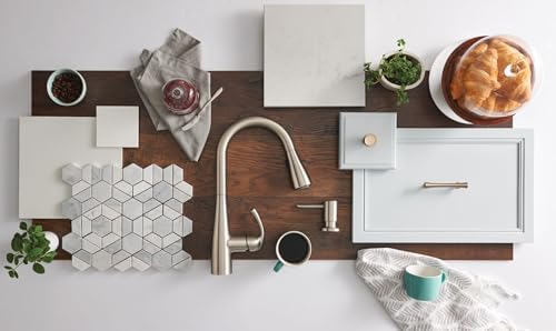 Moen Essie Spot Resist Stainless Pulldown Sprayer Kitchen Sink Faucet Set with Modern Pump Soap Dispenser, 87014SRS